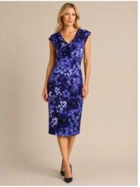 Lauren Ralph Lauren Black Floral Cowl-Neck Sheath Dress with Blue & Purple Print